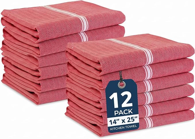 LANE LINEN Kitchen Towels Set - 100% Pure Cotton Dish Towels for Kitchen, Super Absorbent Kitchen Hand Towel, Tea Towels, Soft & Durable Dish Cloths, Pack of 12 – 14”x25”, Red by LaneLinen