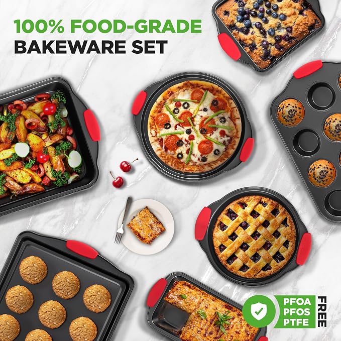 NutriChef Non-Stick Kitchen Oven Baking Pans-Deluxe & Stylish Nonstick Gray Coating Inside Outside, Commercial Grade Restaurant Quality Metal Bakeware with Red Silicone Handles NCSBS8S, 8 Piece Set - Image 5