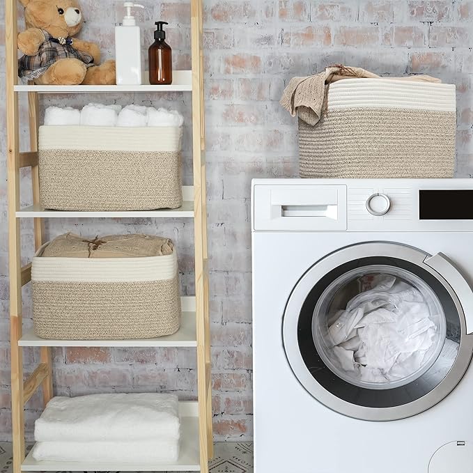 XUANGUO Woven Cotton Rope Storage Baskets 15x10x9.3" 3 Pack White and Brown | Decorative rectangular storage baskets for shelves and closets; storage bins organize clothes, toys, books and nursery items. - Image 6