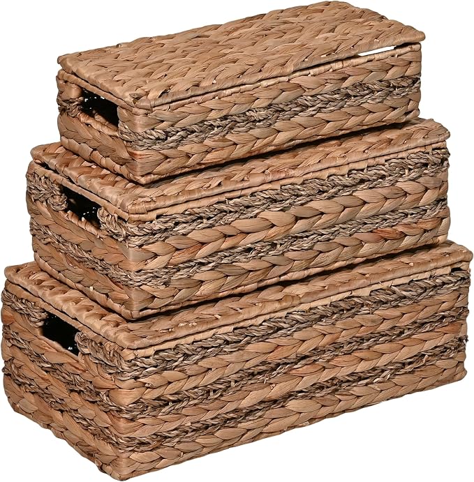 happimess Sandrine 3-Piece Hyacinth Storage Baskets with Lids, Natural | Handwoven Seagrass Wicker, Farmhouse Nesting Containers with Handles, Iron Metal Frame, Decorative Organizer Bins by Happimess