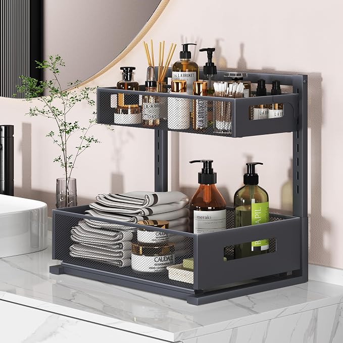 Petiza Under Sink Organizer Pull Out Cabinet Organizer Adjustable Height 2 Tier with Sliding Drawers Kitchen Bathroom Organizer and Storage(Gray-1pc) - Image 3