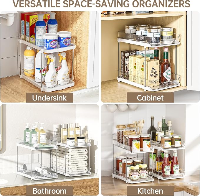 Delamu 2-Tier Multi-Purpose Bathroom Under Sink Organizers and Storage, Stackable Kitchen Pantry Organization, Pull Out Medicine Cabinet Organizer with Movable Dividers, White, 1 Pack - Image 5