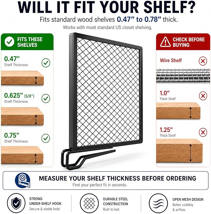 Nexu 6-Pack Metal Mesh Shelf Dividers for Closet Organization, Ultra-Stable Under-Shelf Hook Closet Dividers, Heavy Duty Purse, Handbag & Bag Organizer for Shelving, Clothes, Bedroom, Black - Image 4