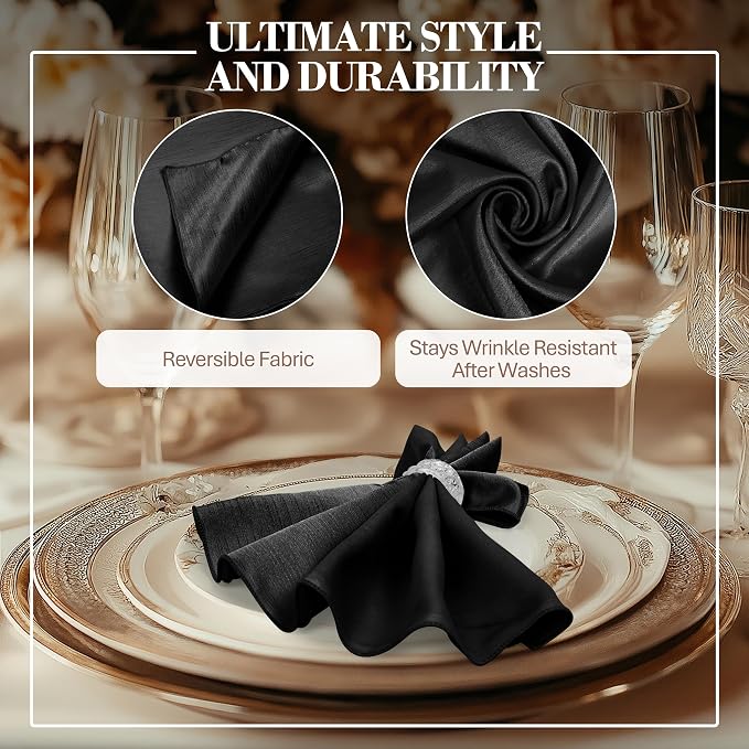 17x17-Inch Shantung Satin Cloth Napkins, Black, Set of 120 | Bulk Case of 10 Dozen, Square, 100% Polyester Fabric, Reversible, Faux Dupioni Silk Reverse Side, Machine Washable - Image 4