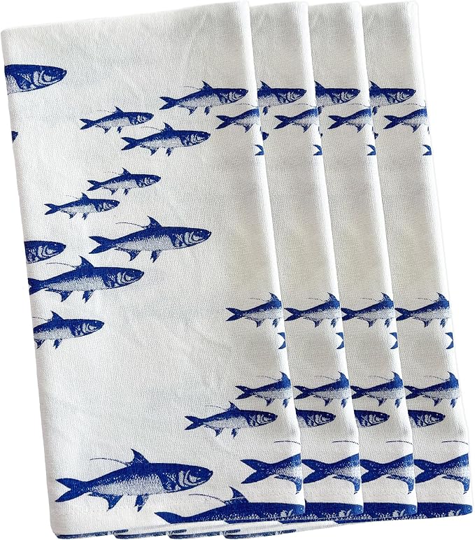 School of Fish Dinner Napkins Set of 4 | 100% Cotton Cloth Set for Entertaining or Everyday Table | Perfect for Wedding, Birthday, Christmas Blue and White, 22 Inch Square by Caskata