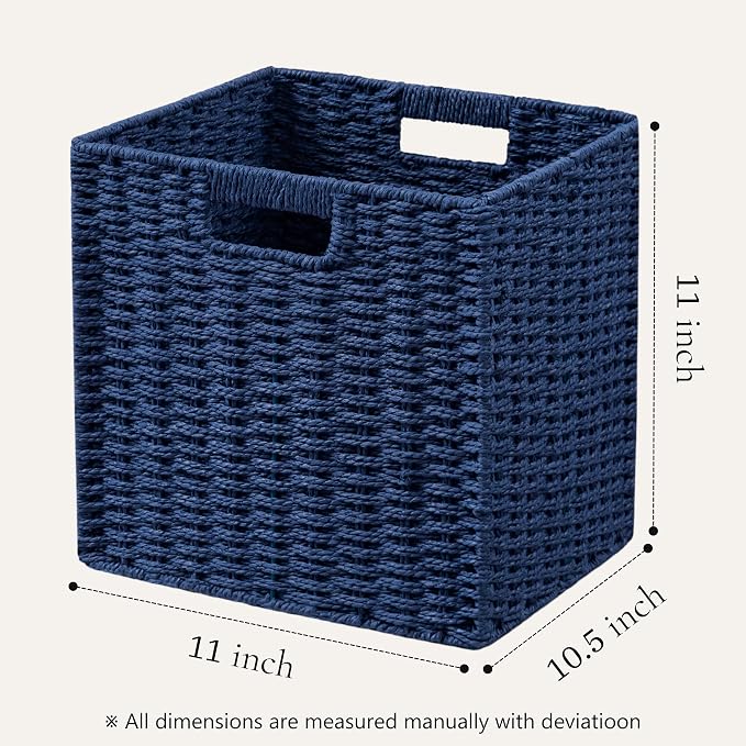 UBBCARE 3 Pack Wicker Basket, 11L×11H×10.5W inch Woven Paper Rope Storage Baskets for Shelves, Foldable Cube Storage bin with Handle, Storage Basket for Organizing & Decor, Navy Blue - Image 2