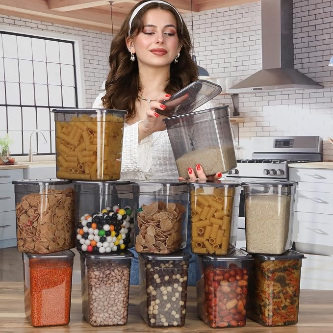 T&D HOME GOODS Storage Jars with Lid, Airtight, Set of 12 Storage Containers, BPA-Free, Storage Container for Cereal, Flour, Kitchen, Practical Organiser Kitchen, (12, Rectangular) - Image 2