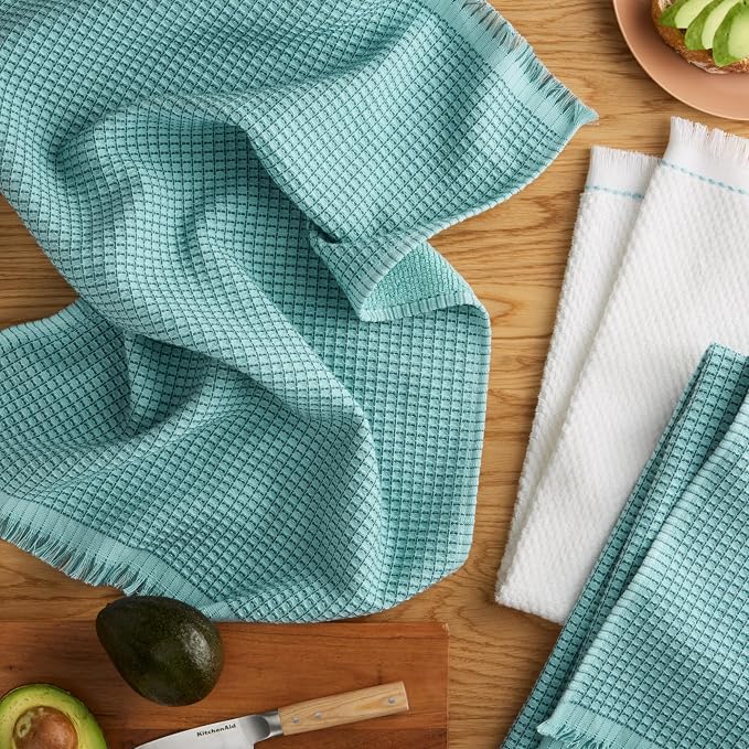 KitchenAid Gourmet Series Gridlines Kitchen Towels 3-Pack Set, 100% Cotton Absorbent, Mineral Water Aqua, 18"x28" - Image 2