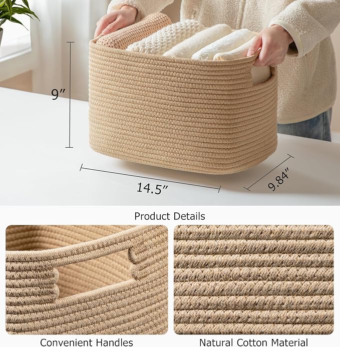 4 Pack Storage Baskets for Organizing, Shelf Baskets with Handles, Brown | 14.5"Lx9.8"Wx9"H, Woven Basket, Cotton Rope Basket, Toy Storage, Cube Shelf, Gift Baskets Empty, Home Decor - Image 2
