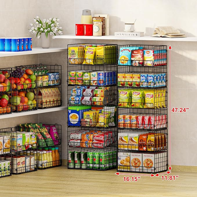 JKsmart 6-Tier XXL Stackable Wire Basket, Snack Organizer for Countertop | Pantry Organizers and Storage with Dividers & Handles, Can Organizer Space Saving Storage Bins for Snacks Fruits Veggies - Image 7