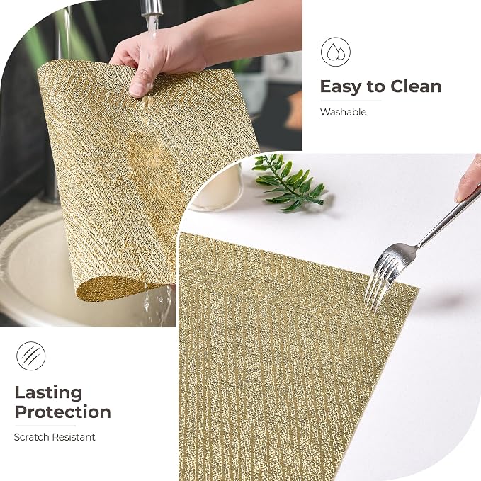 Leetaltree Gold Placemats Set of 6 - Heat Resistant Non-Slip Place mats for Dining Table, Washable Durable PVC Vinyl Woven Table Mats(Luxury Gold, 6) - Image 6