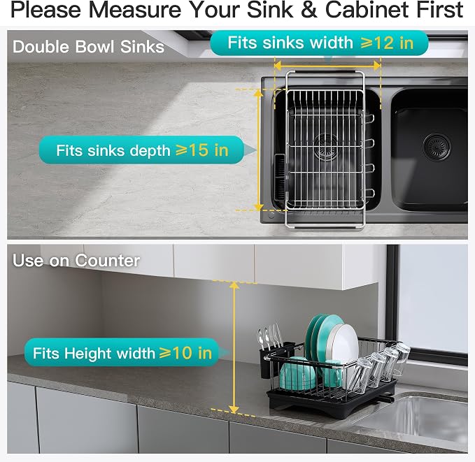 JASIWAY Black Dish Drying Rack in Sink with Drainboard and Utensil Holder | Use Over the Sink or Counter, Stainless Steel Expandable Dish Drainer for Small Kitchen, Space Saving, Fast Drain, Rustproof - Image 3
