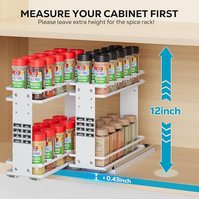Nieifi Pull Out Spice Rack Organizer, 2 Tiers, White | Spice Organization for Cabinet, Height Adjustable, Easy to Install - Image 2