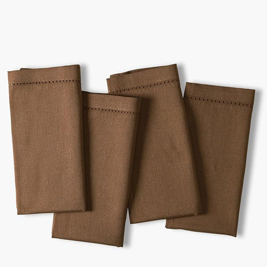 Ramanta Home Brown Cloth Dinner Napkin Set of 4-18x18 Inch | Cotton Linen Flax Hemstitched Napkins Washable for Everyday Use by RamantaHome