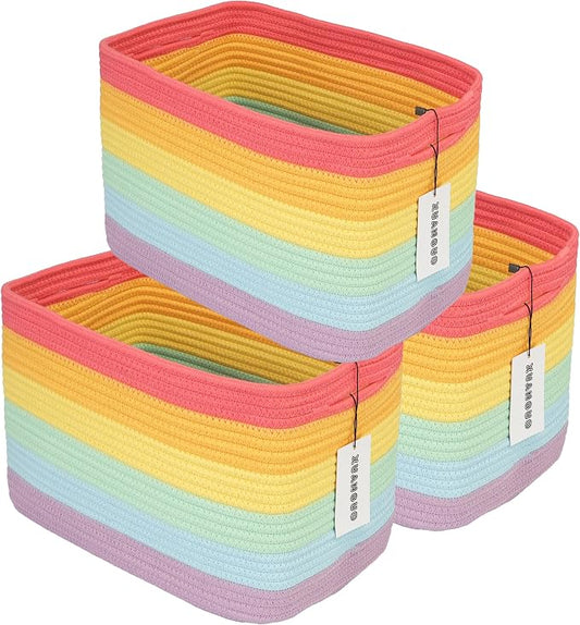 XUANGUO Woven Cotton Rope Storage Baskets 15x10x9.3" 3 Pack Rainbow | Colorful storage baskets for shelves and playrooms; toy storage bins organize kids' toys, books, clothes and nursery items. by XUANGUO
