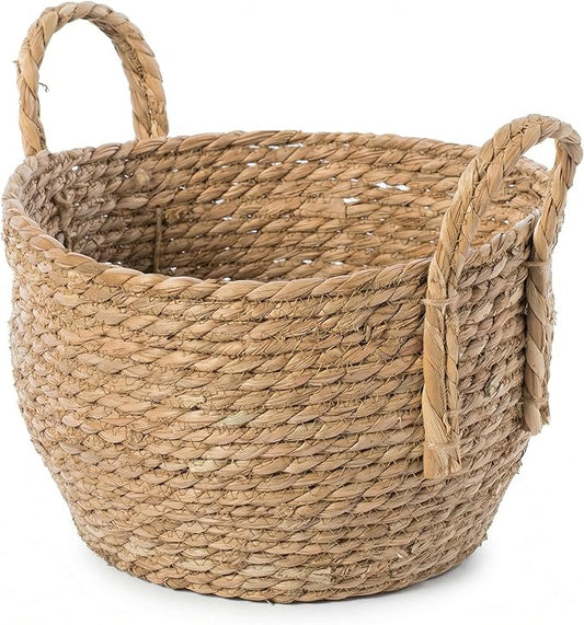 Decorative Wicker Basket for Blankets, Round Woven Storage Bin 13" x 9.25" with Braided Handles for Living Room, Bedroom & Bathroom - Throw Blanket Basket for Towels, Toys, Pillows - Vintiquewise by Vintiquewise
