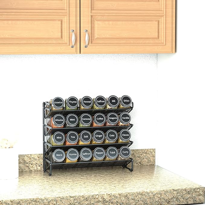 SpaceAid Spice Rack Organizer with 24 Spice Jars, 386 Spice Labels, Chalk Marker and Funnel Set for Cabinet, Countertop, Pantry, Cupboard or Door & Wall Mount -24 Jars, 11.8" W × 10.8" H, Black - Image 3