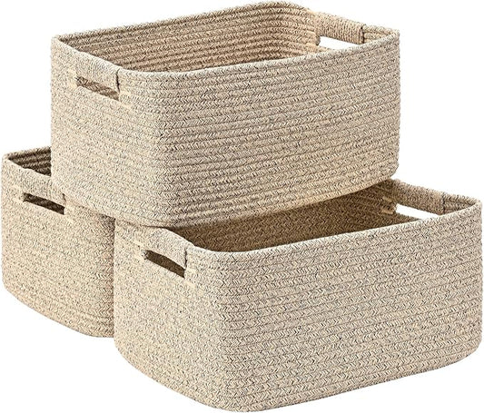 3 Pack Large Storage Basket for Organizing, 17.5"x13"x7" Woven Basket for Shelves, Closet Cube Storage Bins with Wrapped Handle, Cotton Rope Baskets for Kitchen, Clothes, Toys(Natural)) by Degeyoyo