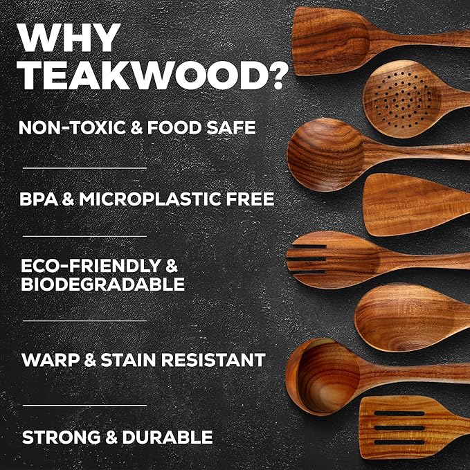 Zulay Kitchen 10-Piece Wooden Spoons for Cooking - Smooth Finish Teak Wooden Utensils for Cooking - Soft Comfort-Grip Wood Spoons for Cooking - Non-Stick Wooden Cooking Utensils - Wooden Spoon Sets - Image 4