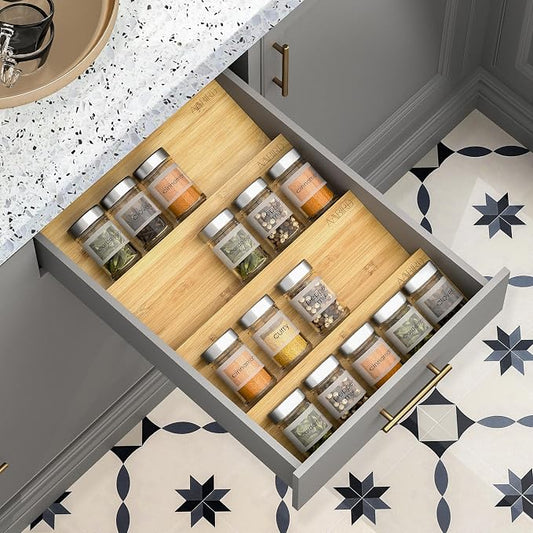 AMBIRD Bamboo Spice Drawer Organizer with Non-slip Mat, 4 Tier Jar Spice Rack Tray 13'',Seasoning Organizer for Kitchen,Cabinet,Drawers,Countertop by AMBIRD