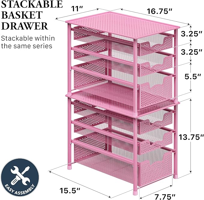 Simple Houseware Stackable 3 Tier Sliding Basket Organizer Drawer, Pink - Image 2