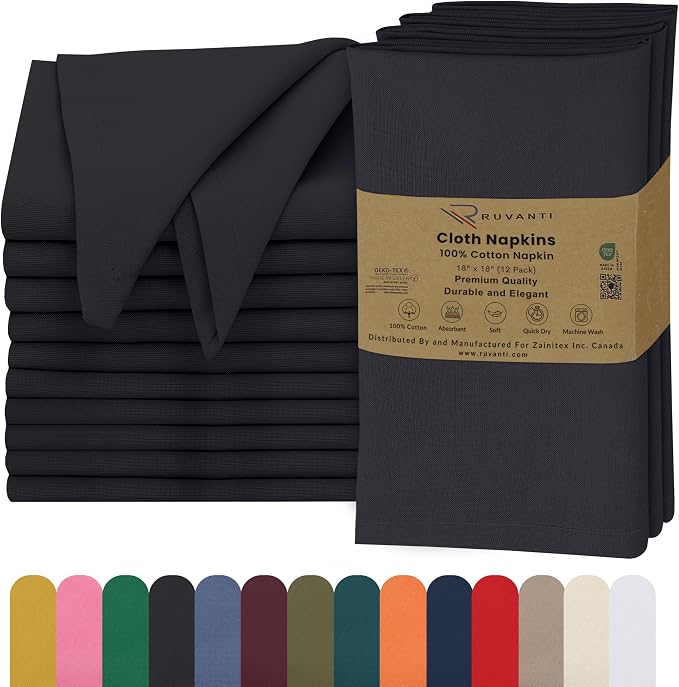 Ruvanti Cloth Napkins Set of 12, 18x18 Inches, 100% Cotton, Washable, Soft & Absorbent, Perfect for Wedding, Christmas, ‎Thanksgiving Dinners - Black Beauty by Ruvanti