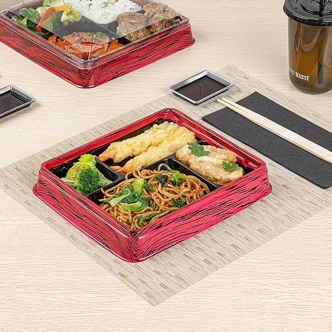 Restaurantware Bento Tek 15.2 Ounce Meal Prep Containers, 100 Disposable To Go Food Boxes - Lids Sold Separately, 4 Compartments, Red And Black Plastic Bento Lunch Boxes, Freezable, For Take Out - Image 7