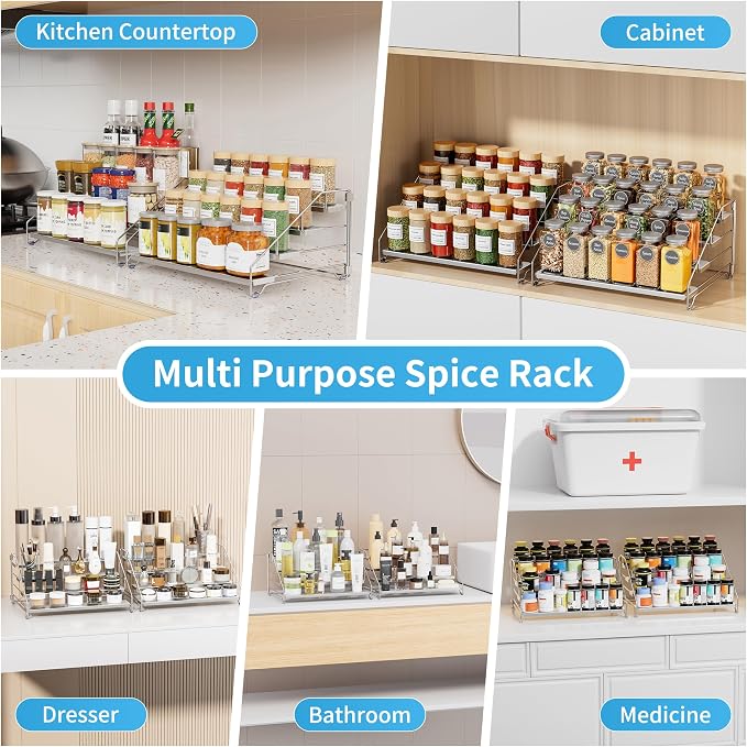BOIVSHI Spice Organization for Cabinet, Adjustable Depth Spice Shelf | 4 Tiered Spice Rack for Cabinet, Metal Space Saving Spice Organizer for Countertop, Easy Access Spices - Chrome, 2 Pack - Image 8