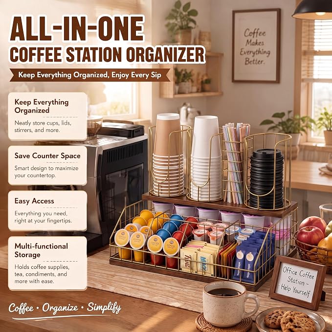 Coffee Cup and Lids Organizer with 4-compartment Double Layer, Cup and Lid Holder for Coffee Pod Straw and Lid Storage, Fits 4-20 oz Cups, Max Accommodable Dia 3.9 in - Image 4
