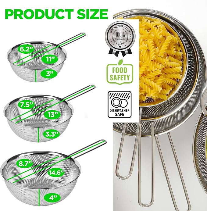 Premium 18/8 304 Stainless Steel Set of 3 – Micro-Perforated Strainer with Long Handle, Self-Draining Base for Pasta Rice Vegetables, 18/8 304 Heavy Duty (1.5, 2.5, 4 Qt) Made in Korea - Image 5