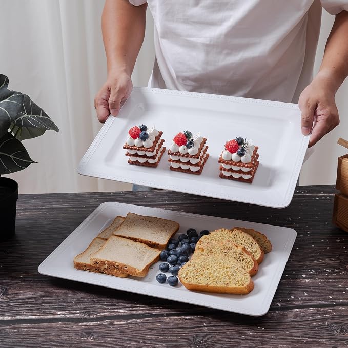 Melamine Beaded Serving Platters for Appetizer, Veggie, Charcuterie,Dessert, Set of 4, White Serving Trays for Party & Entertaining, Large Unbreakable Rectangular Party Platters, Dishes - Image 5