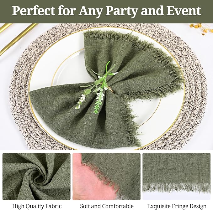 50 Pack Olive Green Cloth Napkins, 16 x 16 Inch Cotton with Fringe Settings | Handmade washable reusable cotton dinner napkins in bulk for weddings, parties, rustic boho table settings - Image 5