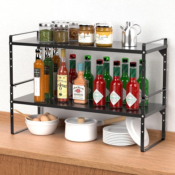 2 Pack Expandable Cabinet Storage Shelf Organizer Rack, Heavy Duty Steel Metal Spice Rack Adjustable Height Office Garage Pantry Shelf Space Riser for Counter Kitchen Organization, Black - Image 2