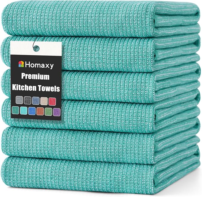 Homaxy 380 GSM Cotton Premium Kitchen Towels 6 Pack, 18"x 28", Teal | Flat and Terry Dish Towels, Highly Absorbent Tea Towel Set with Hanging Loop, Soft Utility Kitchen Hand Towels by Homaxy