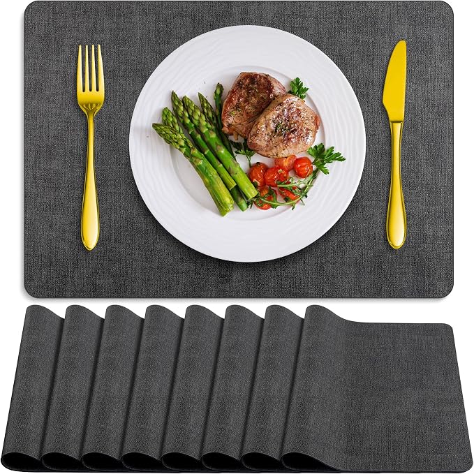 Placemats Set of 8 Washable, Heat Resistant Table Placemats Wipeable Faux Leather Place Mats Non Slip, Waterproof Square Table Mats for Indoor Outdoor, Charcoal Gray by Delicateandelegantplacemats