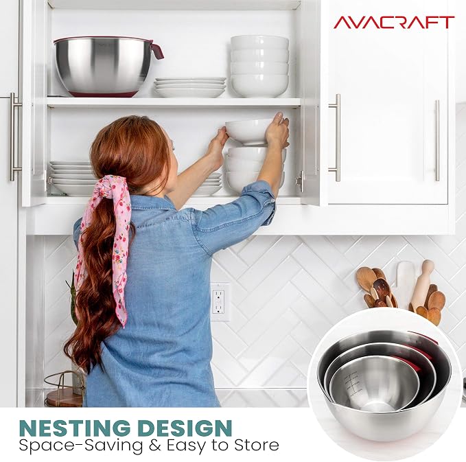 AVACRAFT 18/10 Stainless Steel Mixing Bowls with Lids, non slip silicone base bowls with Handle, Mixing Bowl Set with Pour Spouts & Measurement Marks, Home Essentials Cooking Bowls, (Red) - Image 3