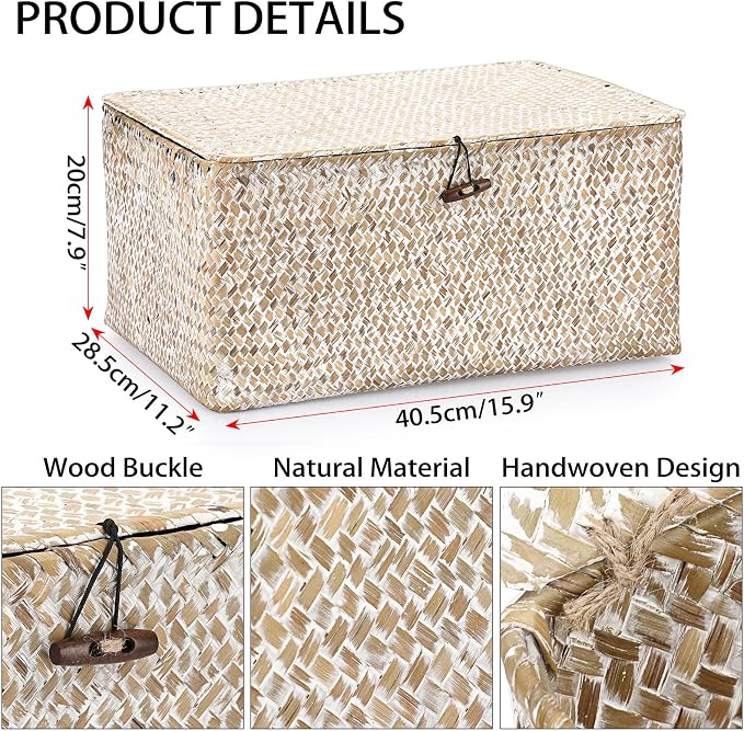 Hipiwe Wicker Woven Baskets Bin with Lid Seagrass Storage Basket, X-Large | Natural Decorative Baskets Rectangular Household Basket for Shelf Wardrobe Home Decor, Whitewash - Image 2