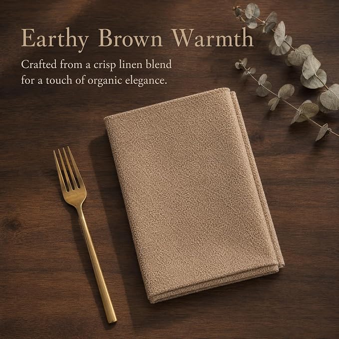 17x17 Solid Brown Linen Napkins Set of 12 Washable Thanksgiving | Hosting Thanksgiving? This set of 12 washable brown cloth napkins perfectly complements your autumn harvest decor. - Image 2