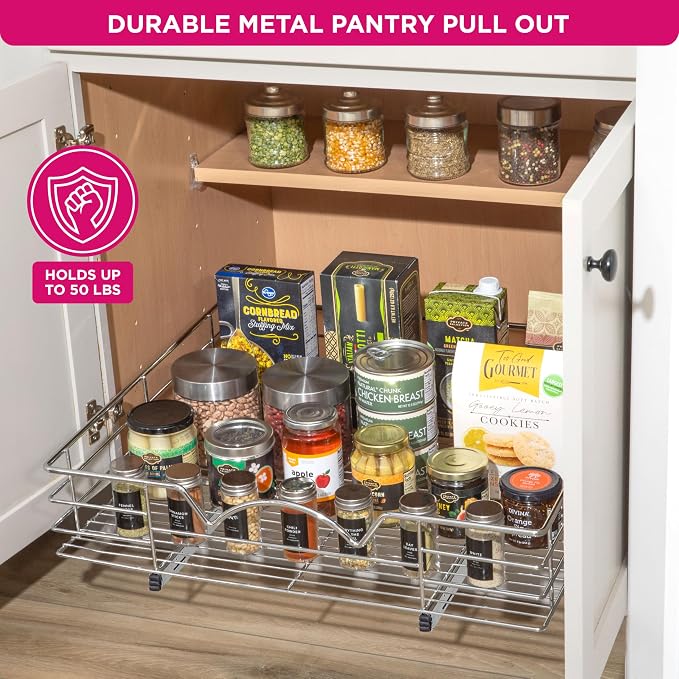 HOLDN’ STORAGE Pull Out Cabinet Organizer, Pantry Drawer, 28"W x 21"D x 5"H | Heavy-Duty Full-Extension, Roll Out Shelf for Pots, Pans & Under Sink Storage, Chrome, Require a 29.25"W Cabinet Opening - Image 4