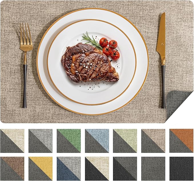Romanstile Vinyl Placemats Set of 6, Reversible Faux Leather Heat Resistant Wipeable Table Mats, Waterproof Washable Non-Slip Table Placemats for Dining/Kitchen/Party/Outdoor (Grey Khaki, 12" x 17") by Romanstile