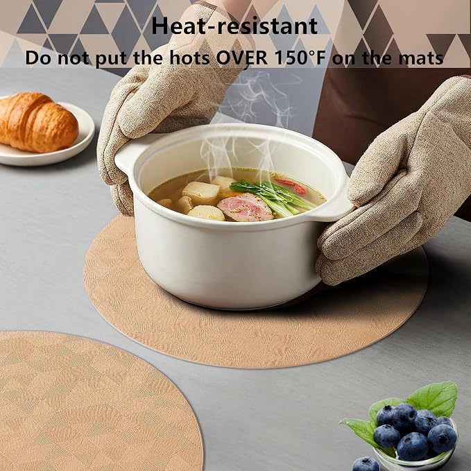 Jovono Upgraded 15" Round Placemats Set of 4, Waterproof & Oil-Proof, Non-Slip Reversible Washable Big Table Mats, Spill-Proof for Kids Families, Restaurant, Hotel, Kitchen, Indoor, Neutral - Image 7