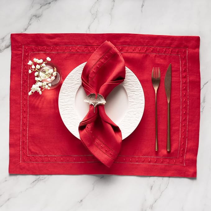 Linen Napkins Set of 4-100% Pure Linen Red Embroidered Dinner Napkins - Hemstitch Cloth Napkins Washable for Halloween, Christmas and Winter Decor - Image 6