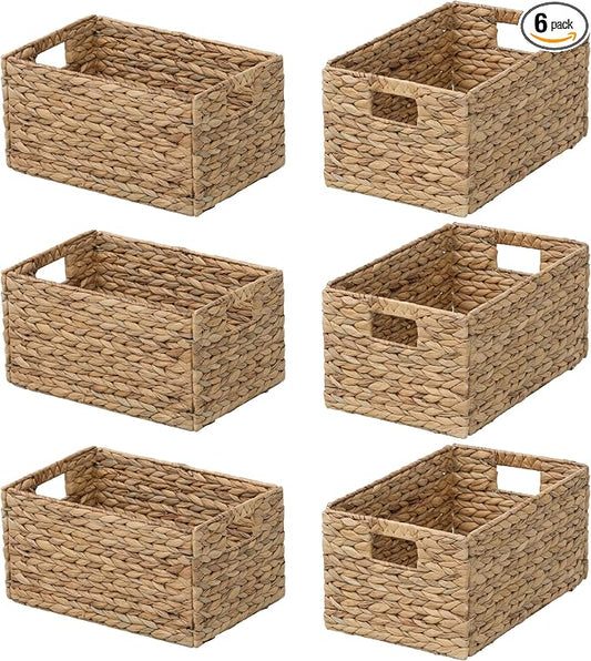 Woven Hyacinth Wicker Pantry Storage Baskets, Set of 6 | Rectangular, 13.25"x9"x7", Iron Wire Frame, Natural by eHemco