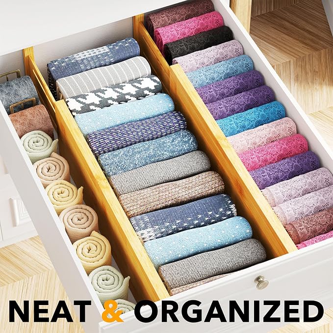 SpaceAid Bamboo 4 Pack Dresser Drawer Dividers, 4.65“ High Adjustable 17“-22” Drawer Organizers, Expandable Organization for Clothing, Clothes, Dressers, Natural - Image 2