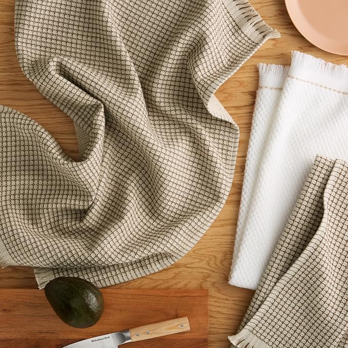 KitchenAid Gourmet Series Gridlines Kitchen Towels 3-Pack Set, 100% Cotton Absorbent, Milkshake Tan, 18"x28" - Image 2