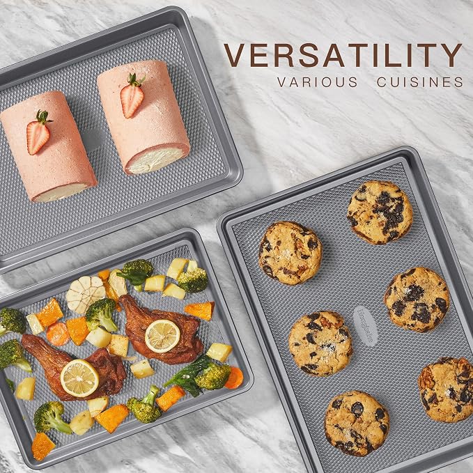 3 Pack Nonstick Ceramic Baking Sheet Pan Set for Oven, Non-Toxic Half/Quarter/Jelly Roll Pans with Diamond Texture, 0.8mm Aluminized Steel Cookie Trays for Cooking, Charcoal Gray - Image 7