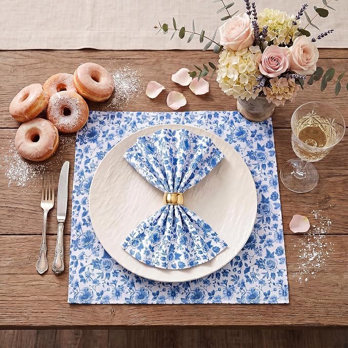 Tegeme 24 Pcs Blue and White Floral Cloth Napkins 15" x 15" Reusable Cotton Napkins, Blue Floral Napkin for Spring Tea Party, Wedding, Catering & Home Decor - Image 7