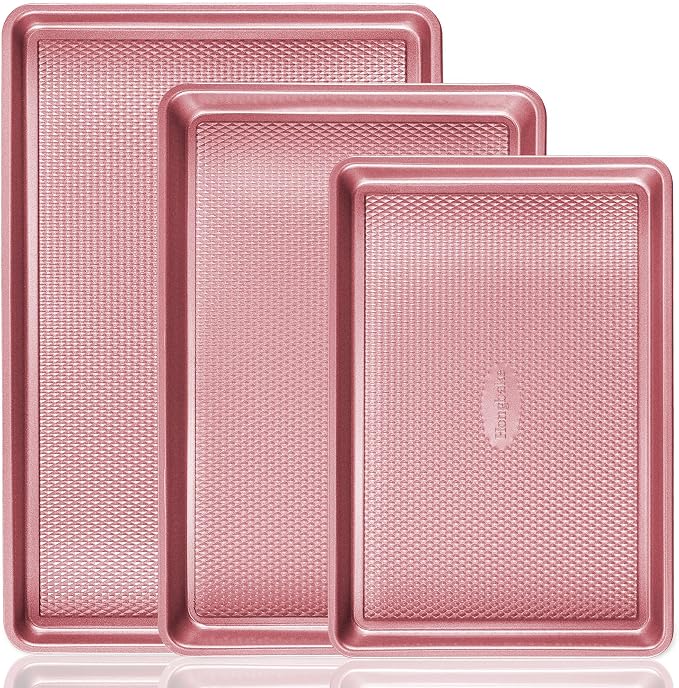 Baking Sheet Pan Set, Cookie Sheets for Oven, Nonstick Half/Quarter/Jelly Roll Pans with Diamond Texture Pattern, Heavy Duty Cookie Tray, Pink by HONGBAKE