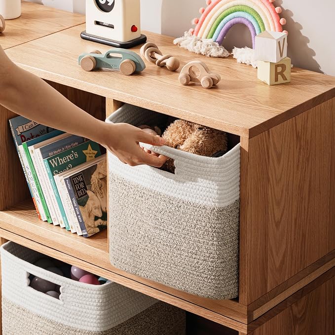 UBBCARE Set of 4 Storage Cubes-13 X 13 X 13 In, Cotton Rope Basket for Shelves, Toys, Book, Cube Storage Bin with Handles, Woven Storage Basket for Organizing, White/Brown - Image 4