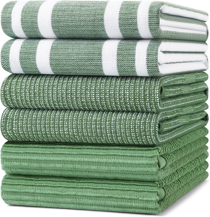 Homaxy Cotton 380 GSM Premium Kitchen Towels, 18"x28", 6 Pack, Grass Green | Soft and Absorbent Terry Dish Towels, Multipurpose Tea Towel Set with Hanging Loop, 3 Styles Kitchen Hand Towels by Homaxy